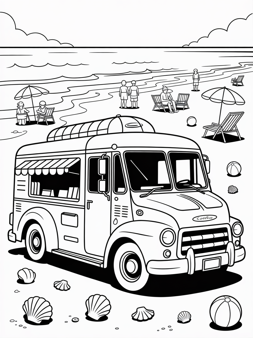 Ice cream truck at the beach - Free Coloring Page