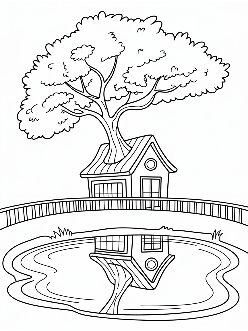 A tree growing from the roof of a house is also reflected by the water source in front of its balcony. - Free Coloring Page