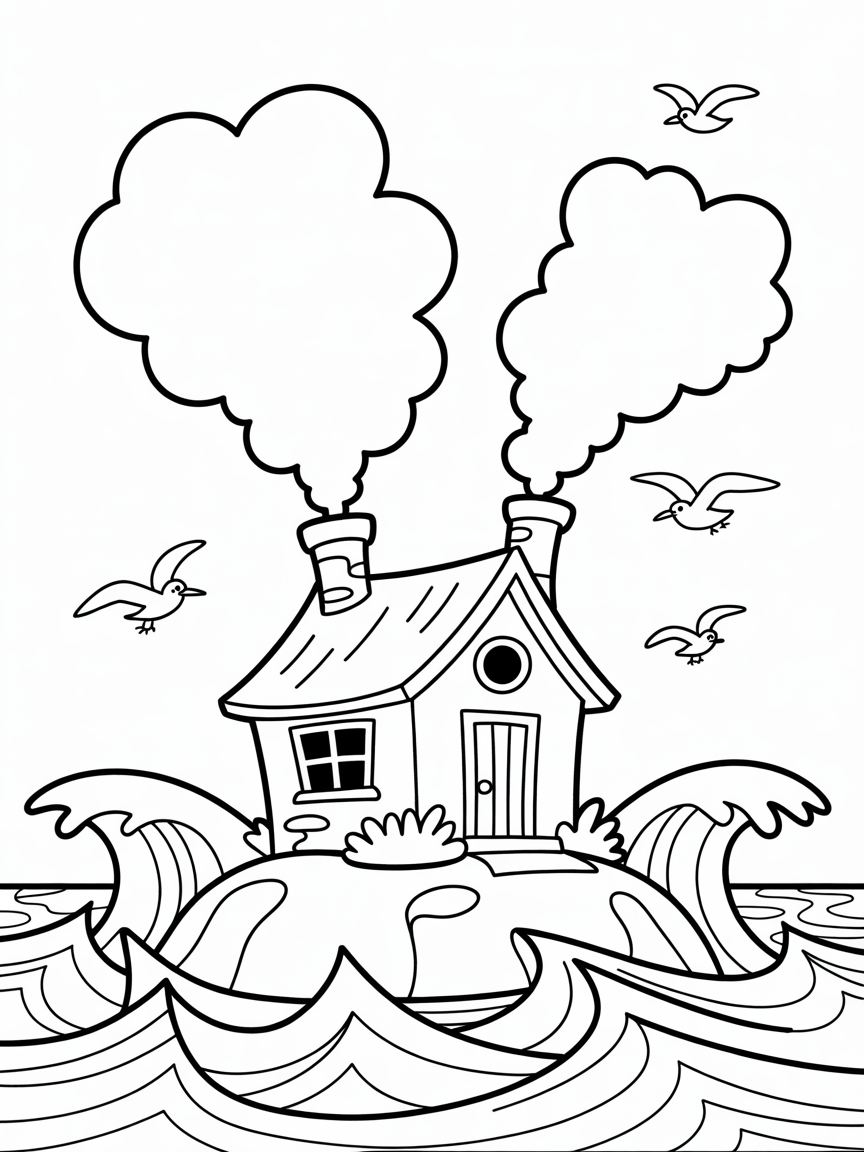 A cozy cottage in the middle of the sea with a storm blowing - Free Coloring Page