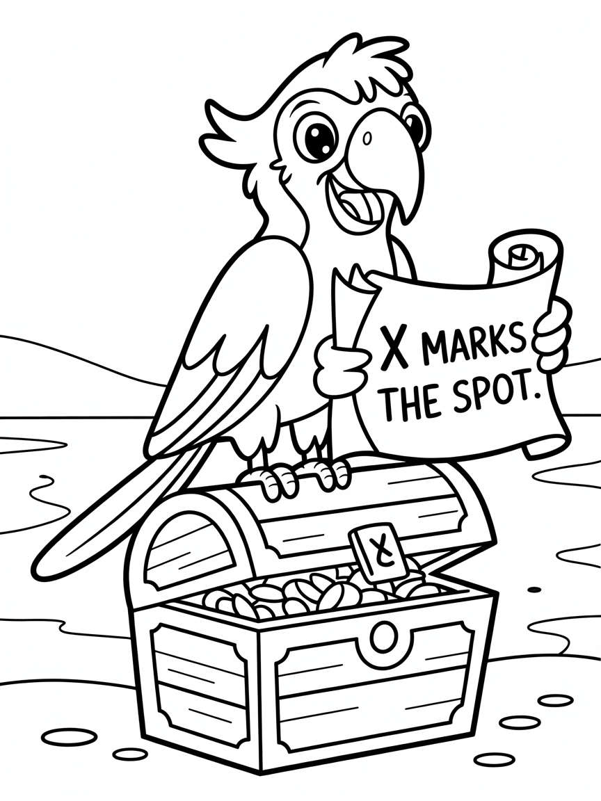 Pirate parrot with treasure map - Free Coloring Page