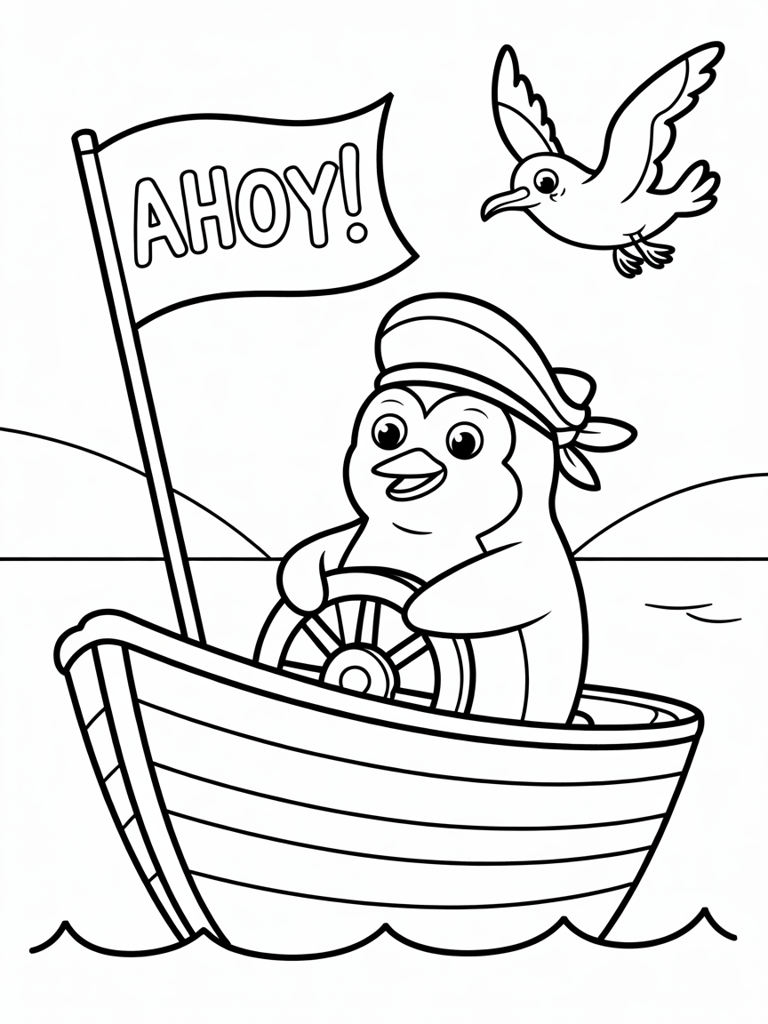 Pirate penguin steering a ship - Free Coloring Page