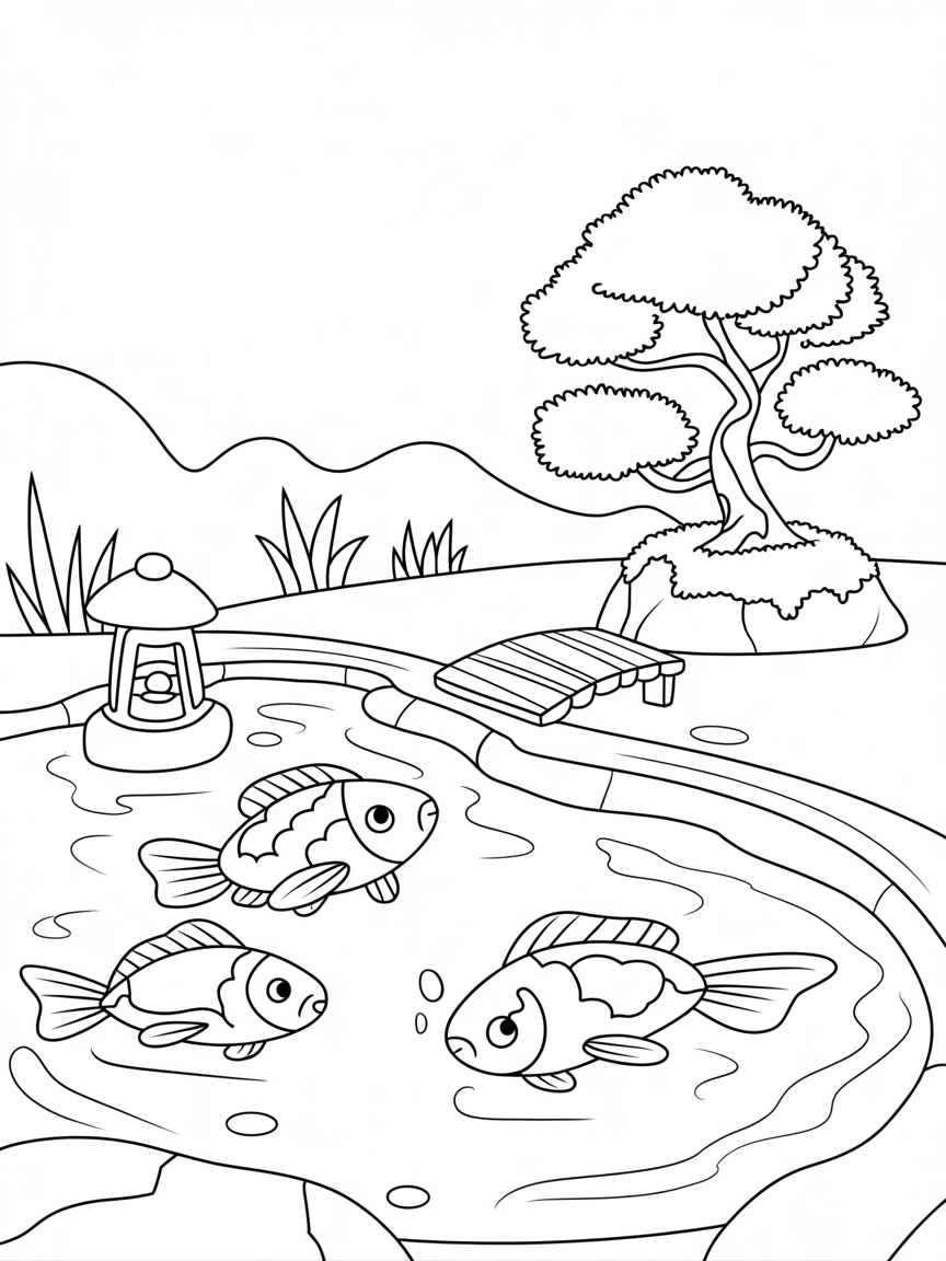 A Japanese inspired garden featuring a pond, koi fish and bonsai tree - Free Coloring Page