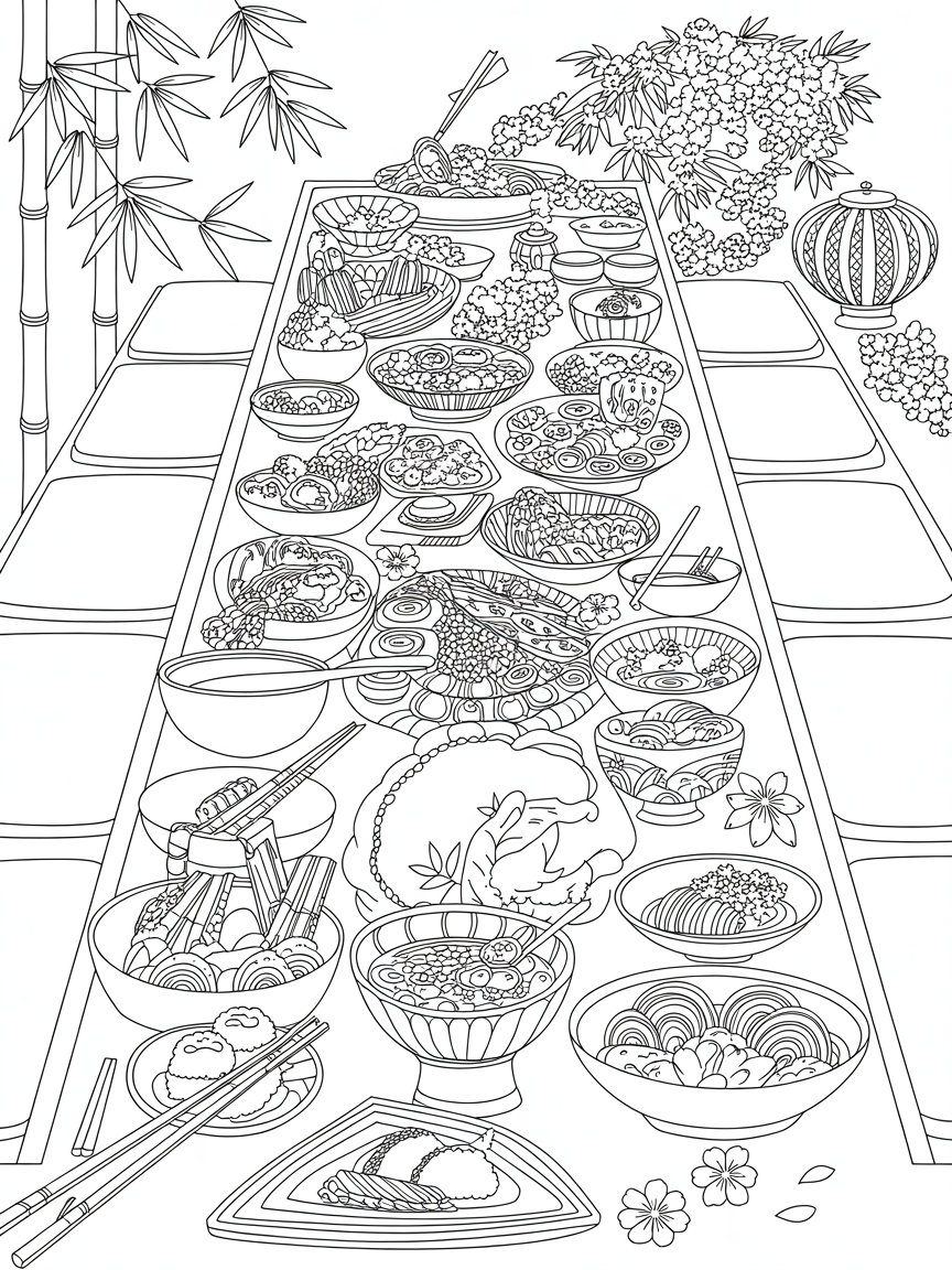 A Japanese feast laid out ready to eat. Lots of detail - Free Coloring Page
