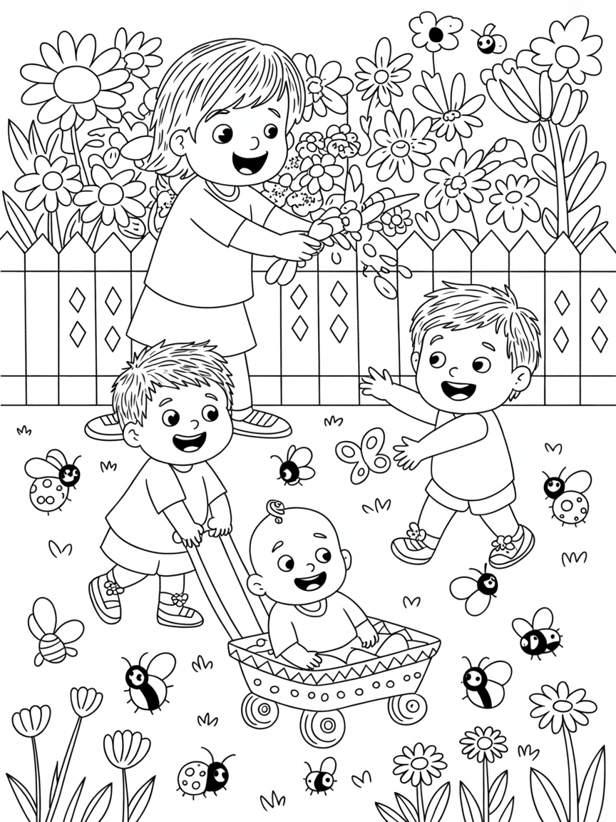 Sister 7 and twin boy and girl 5 and brother 6 months playing in the garden - Free Coloring Page