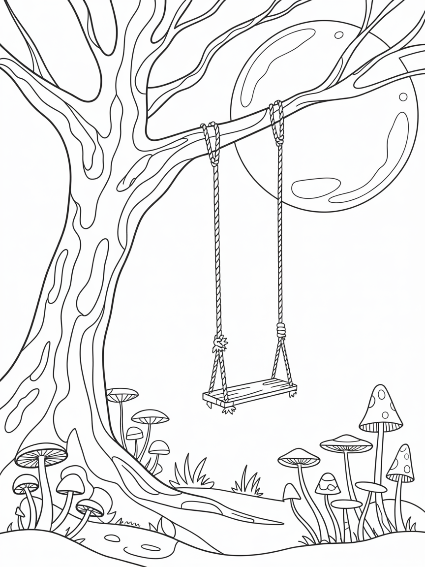 A rope swing hanging in a tree with the moon in the background And mushrooms on ground - Free Coloring Page