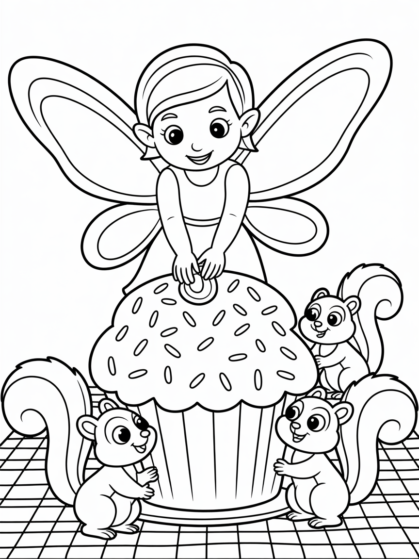 Fairy baking giant cupcake with squirrels - Free Coloring Page