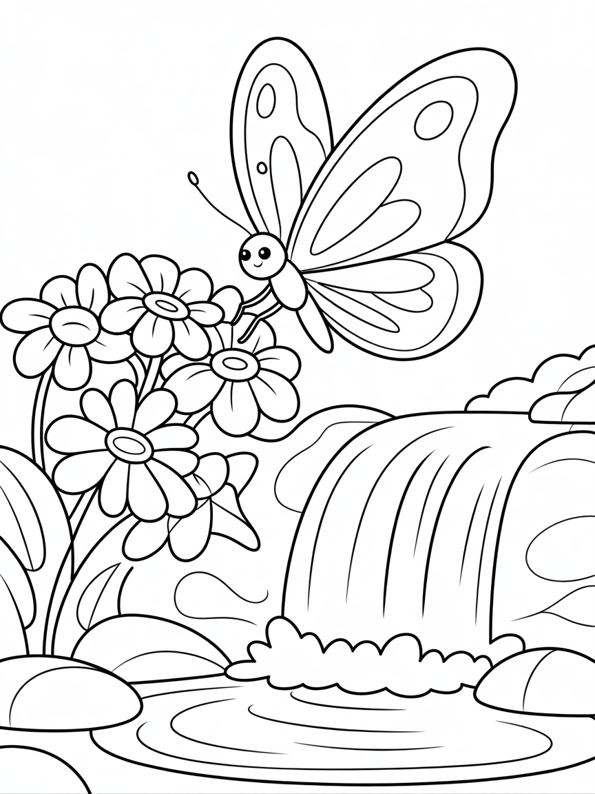 Butterfly flowers water falls - Free Coloring Page