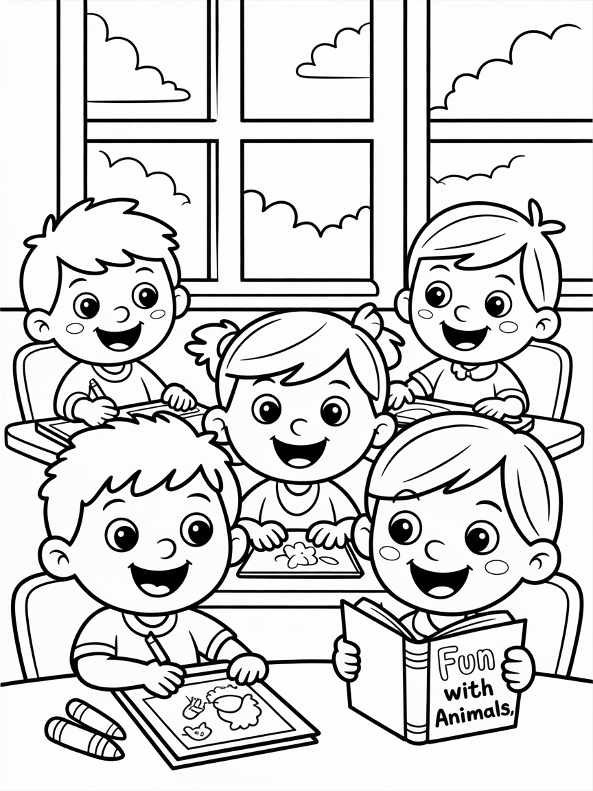 Cartoon children in a classroom - Free Coloring Page