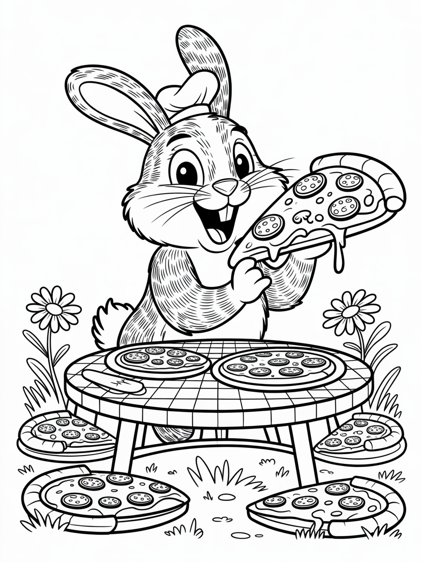 Rabbit eating pizza - Free Coloring Page