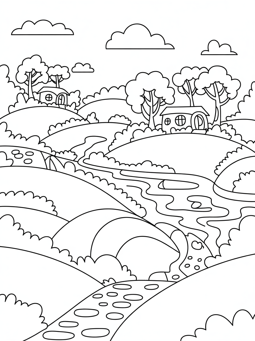 Hobbit style fantasy lsndscapes - Free Coloring Page