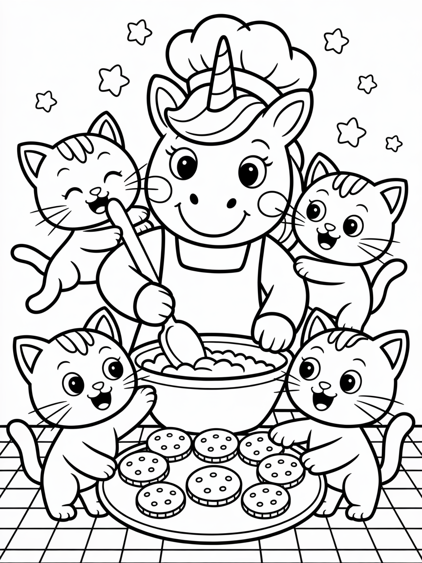 Unicorn baking cookies with cats - Free Coloring Page