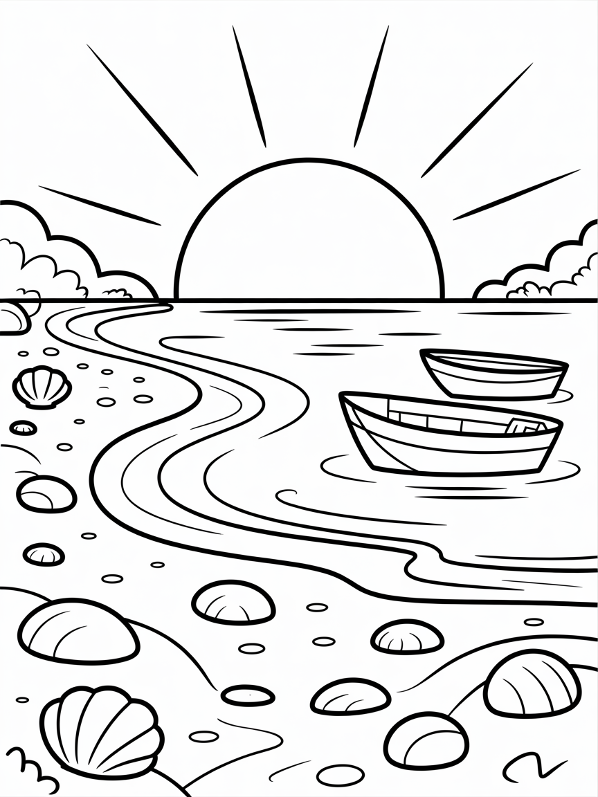 Sunset over a beach and harbor with sea shells rocks - Free Coloring Page