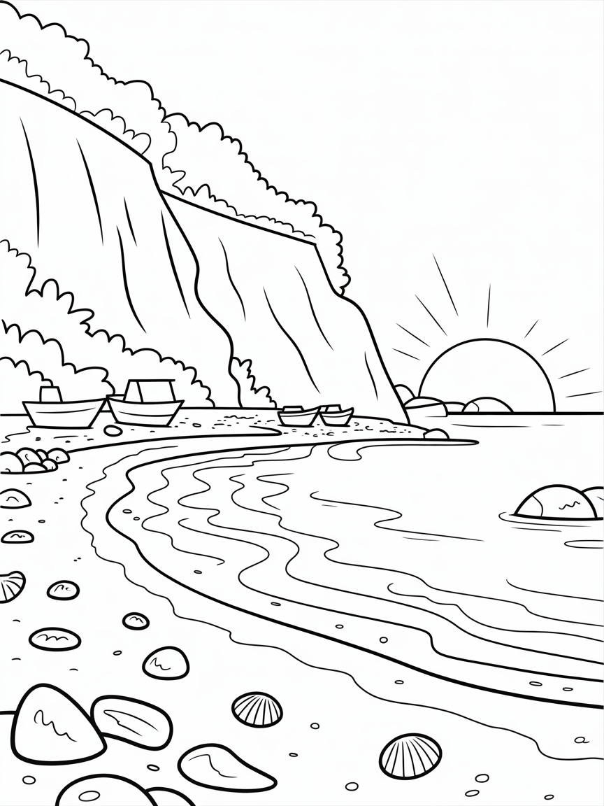 Sunset over a beach and harbor with sea shells rocks pools and beach setting off cliff - Free Coloring Page