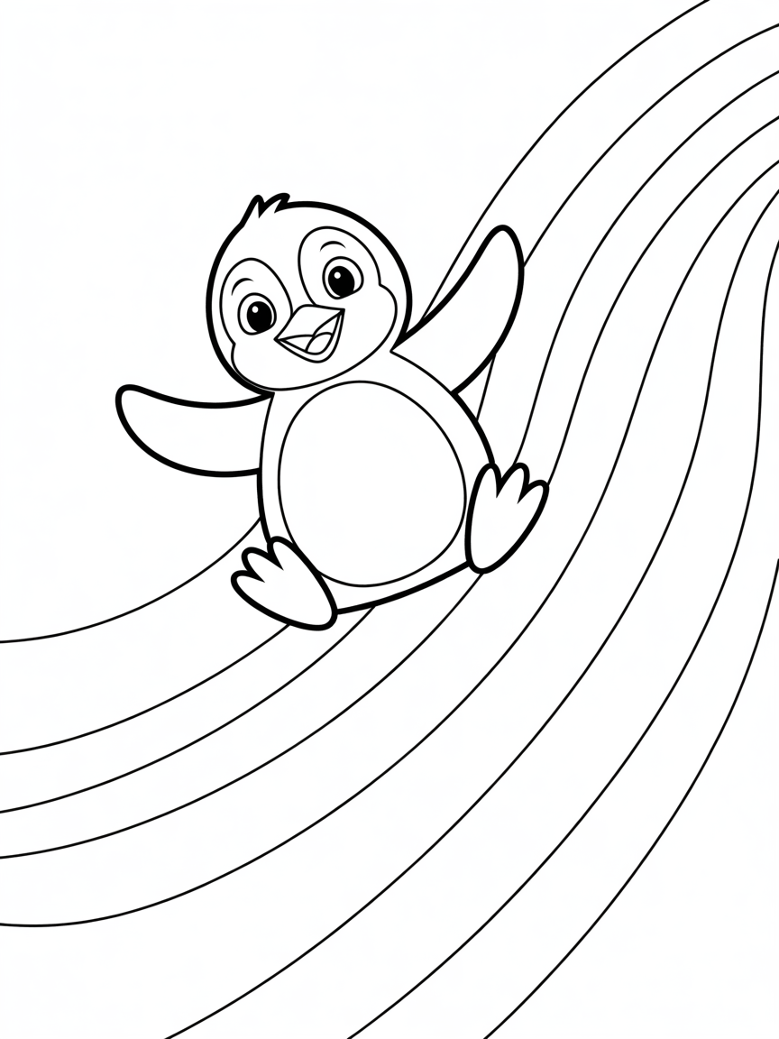Penguin surfing down a rainbow - Free Coloring Page