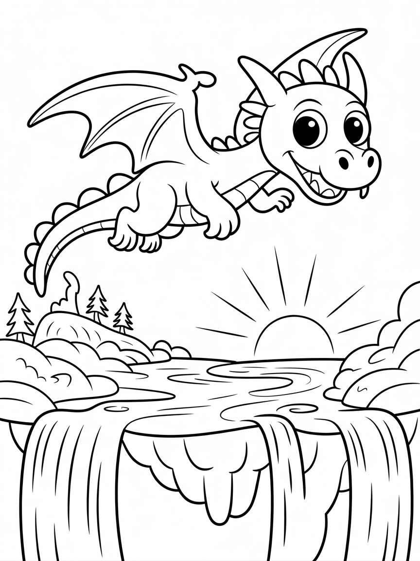 Dragon, floating land, waterfalls, sunrises - Free Coloring Page