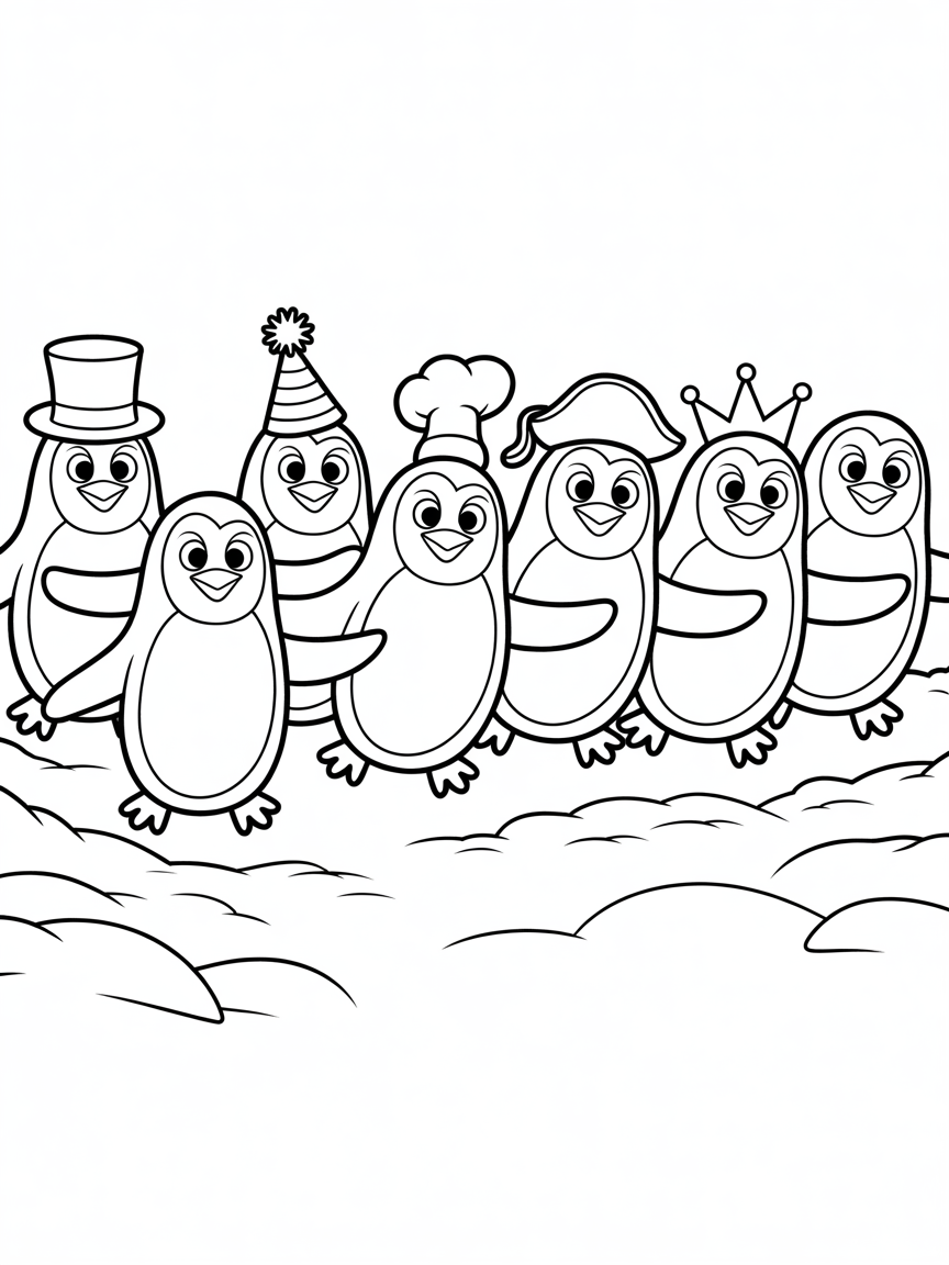 Parade of penguins in fancy hats - Free Coloring Page
