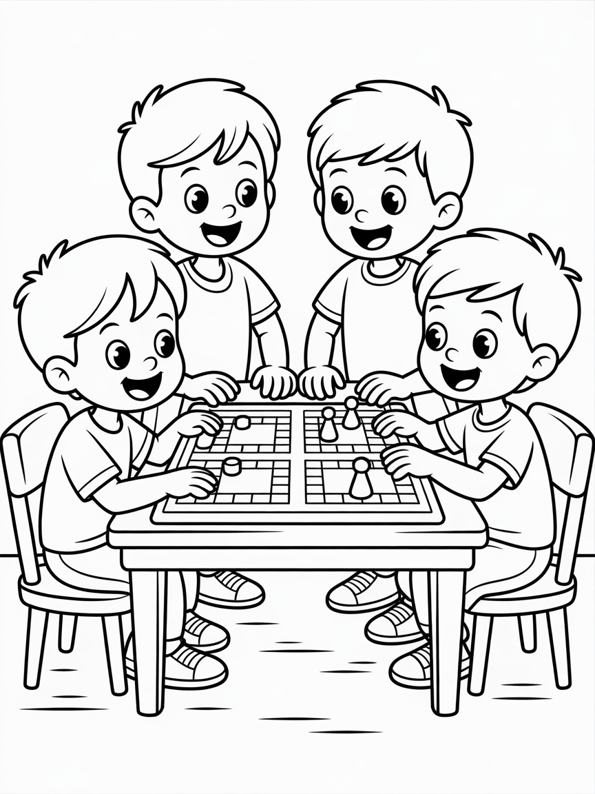 4 siblings, 3 boys and a girl, play a board game together - Free Coloring Page