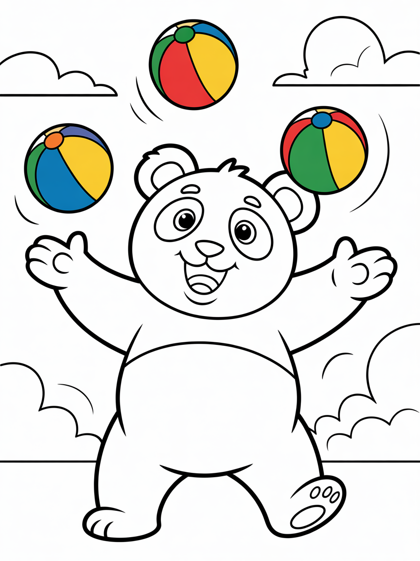 Panda juggling colorful beach balls - Free Coloring Page