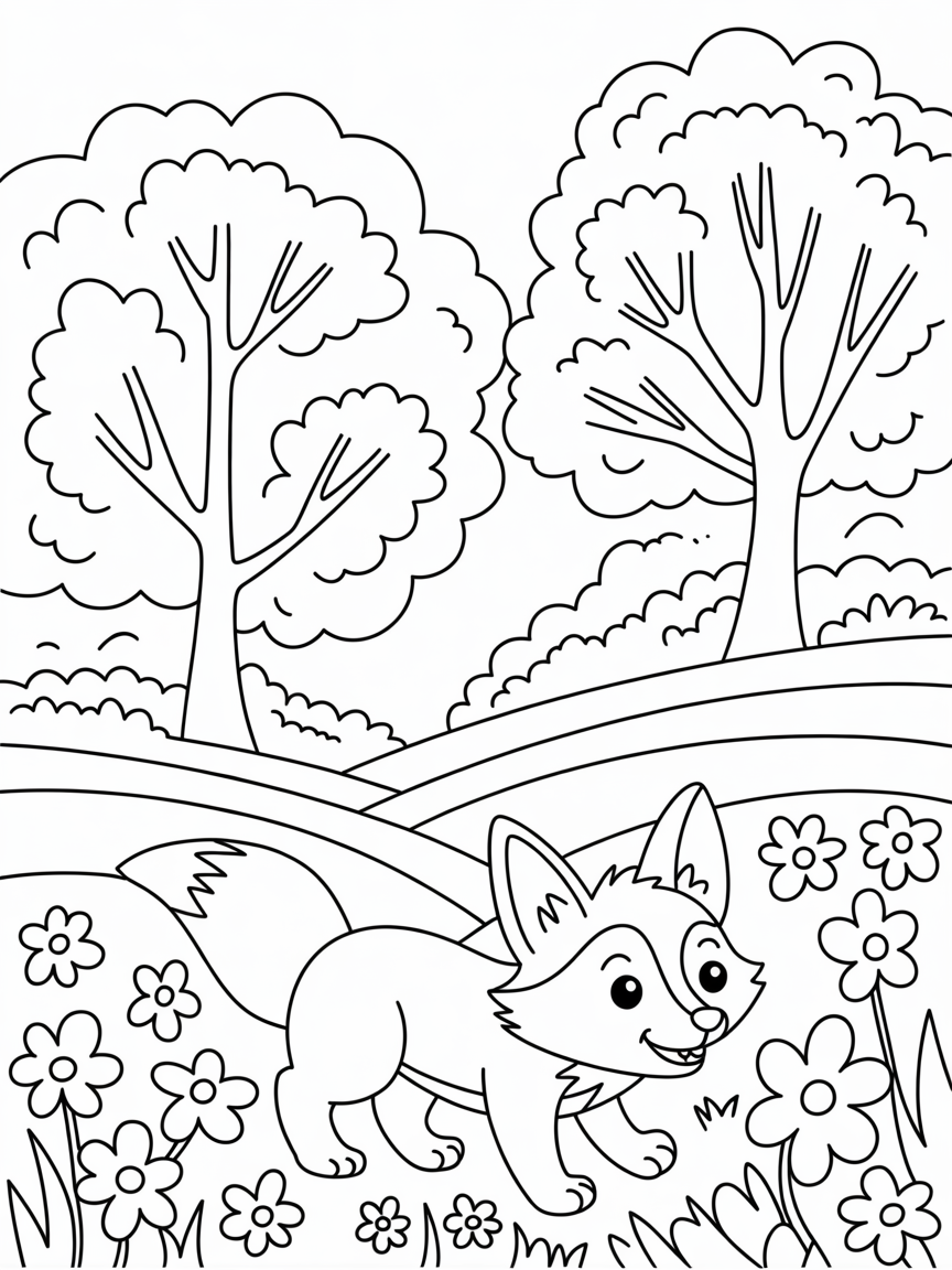 Cherry trees fox flowers the country hills - Free Coloring Page