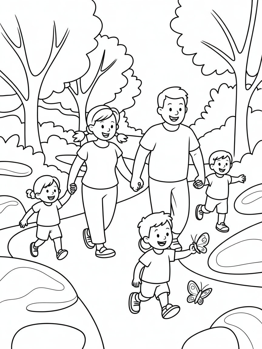 Family vacation with 2 parents and 3 children in the wood - Free Coloring Page