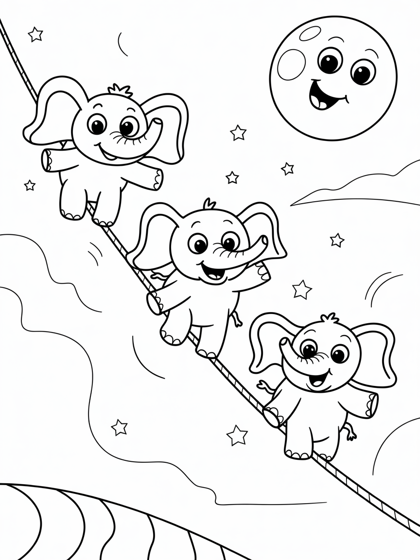 Moonlit elephants on tightrope - Free Coloring Page