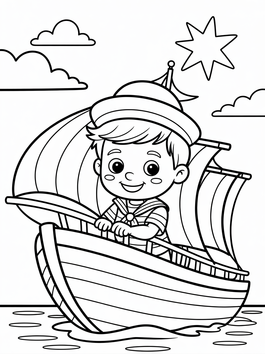 A sailor boy at the bow of a ship, a silvery evening star in the sky, wind-tousled hair, watercolor-style atmosphere - Free Coloring Page