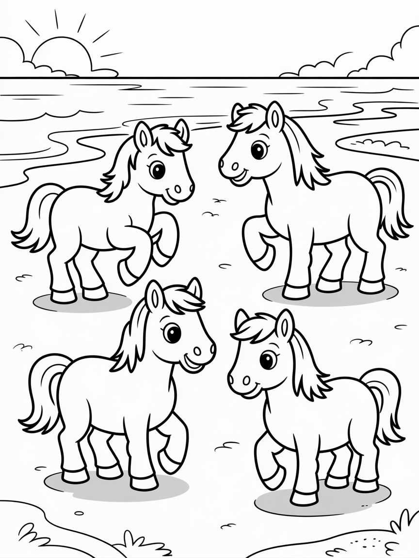 horses on beach - Free Coloring Page
