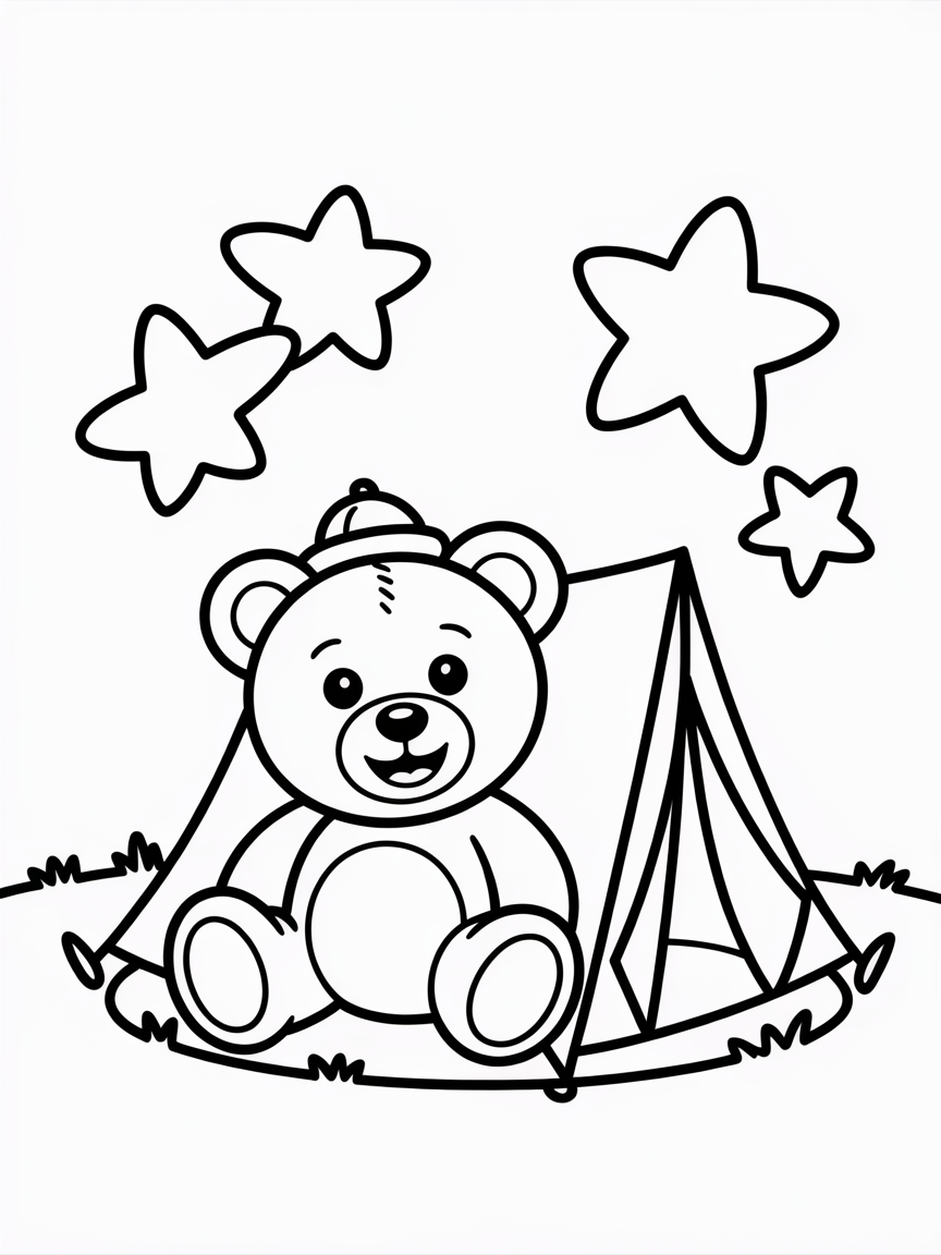 Teddy bear camping under stars - Free Coloring Page