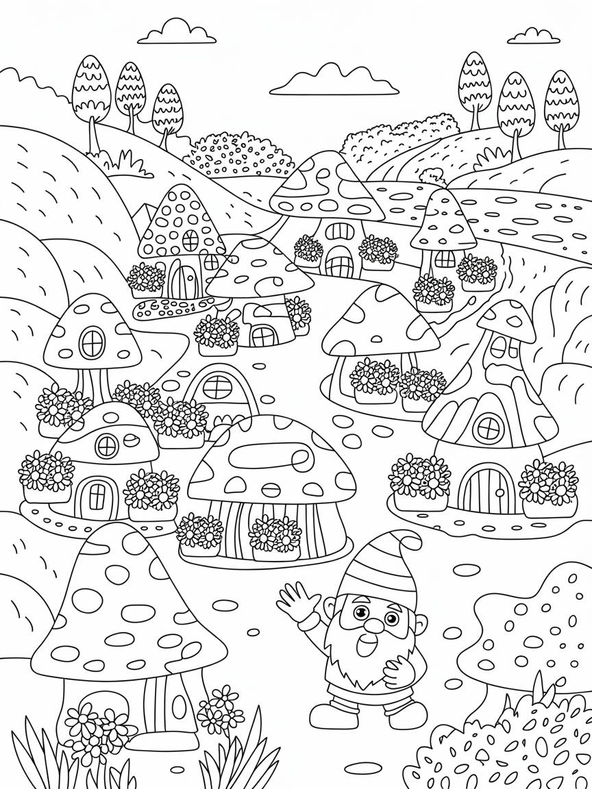 Gnome village - Free Coloring Page