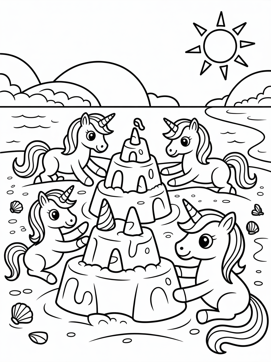 Unicorns building sandcastles at beach - Free Coloring Page