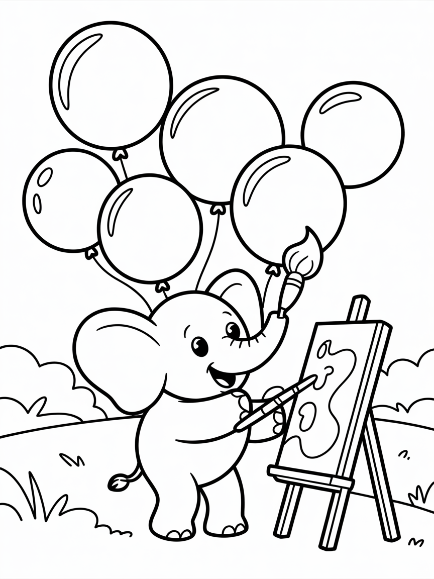 Elephant painting with colorful balloons - Free Coloring Page