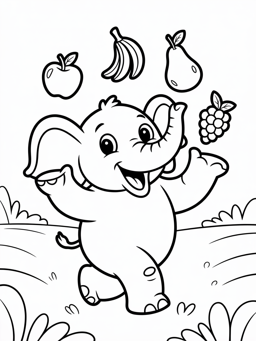 Elephant juggling colorful fruits - Free Coloring Page