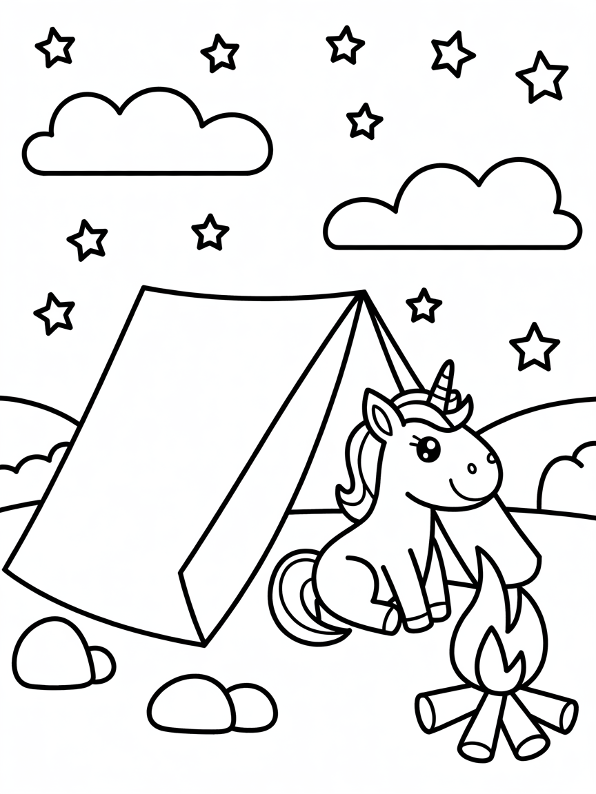 Unicorn camping under a starry sky - Free Coloring Page