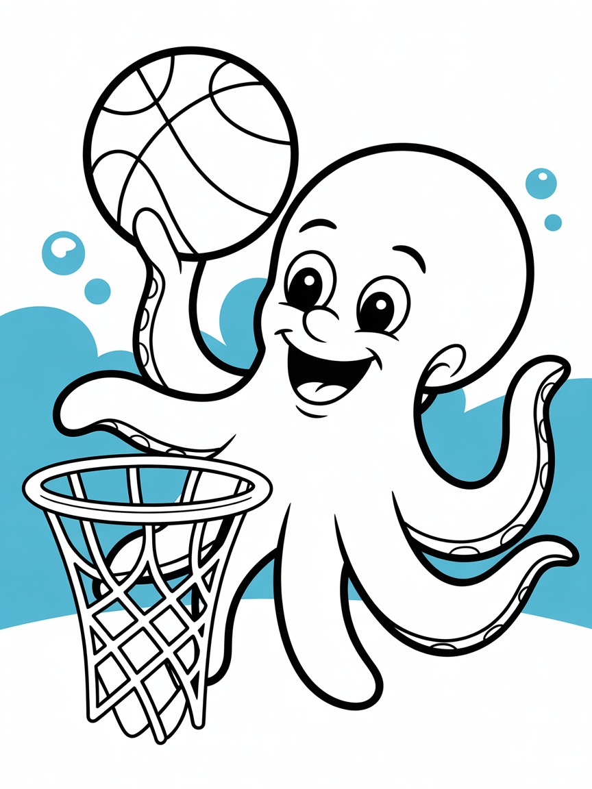 Friendly octopus playing basketball - Free Coloring Page