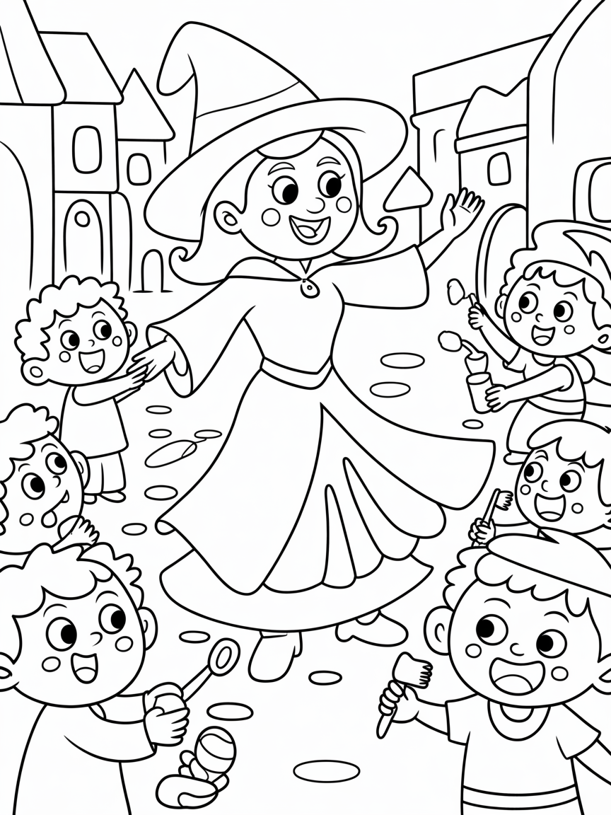 Jade the sorceress likes to dance. She gives candies to children and toothbrushes. Medieval setting. - Free Coloring Page