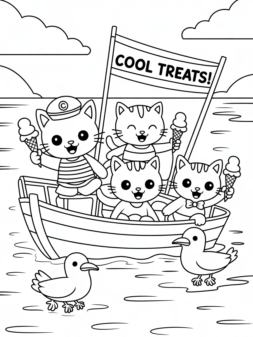 Cute cats sailing selling ice cream seas - Free Coloring Page