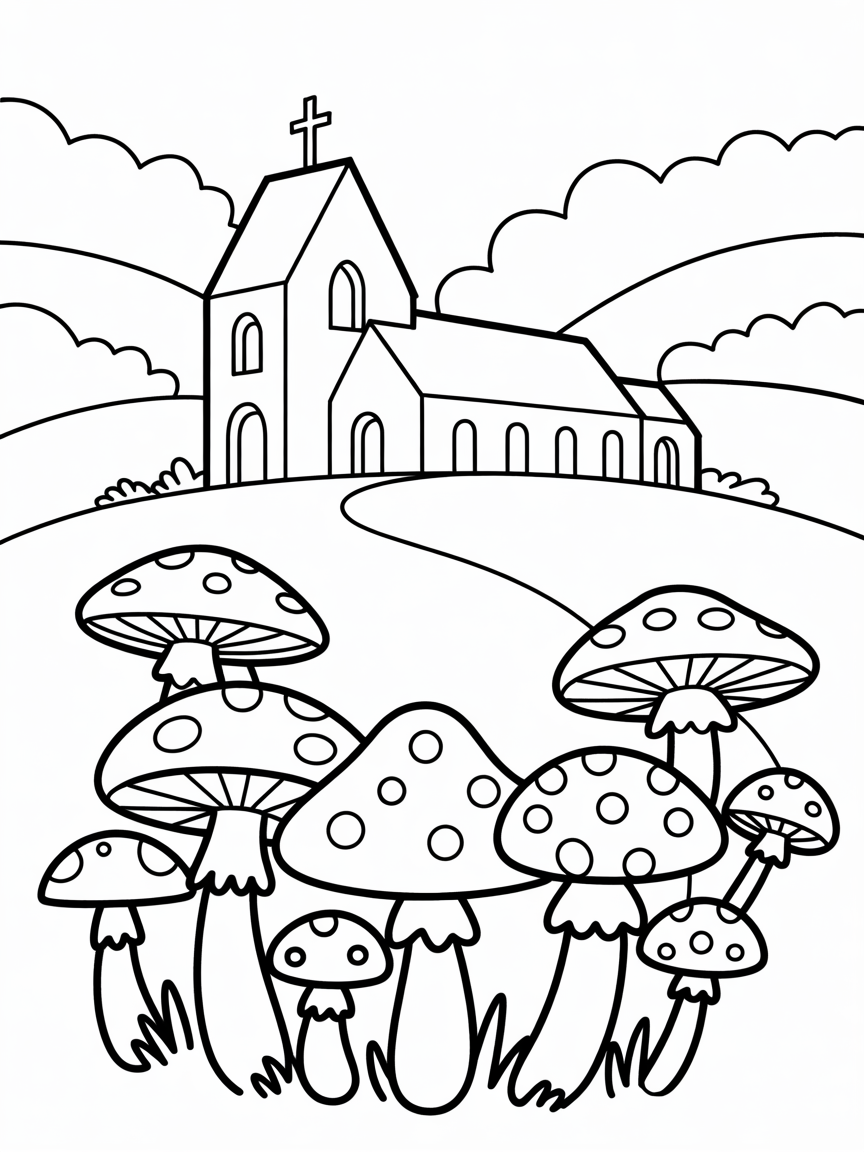 Laugharne church and toadstools - Free Coloring Page