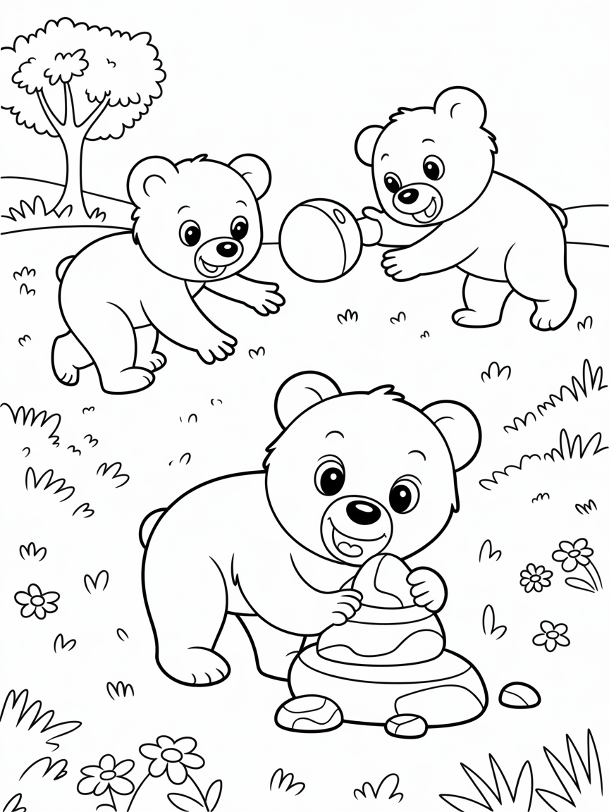 Bear twins playing outside - Free Coloring Page