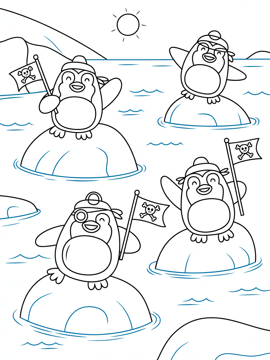 Pirate penguins sailing on icebergs - Free Coloring Page