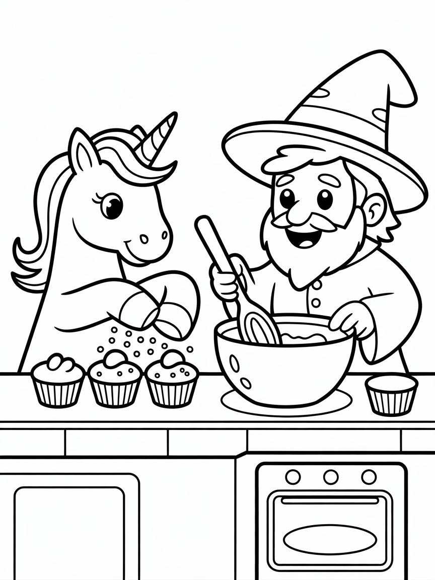Unicorn baking cupcakes with a wizard - Free Coloring Page
