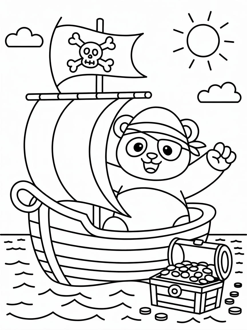 Pirate panda sailing a treasure ship - Free Coloring Page