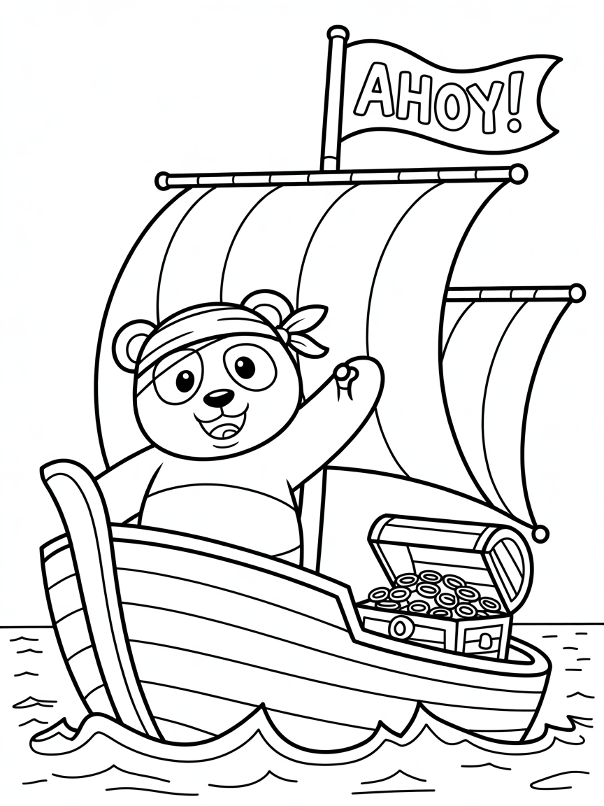 Pirate panda sailing a treasure ship - Free Coloring Page