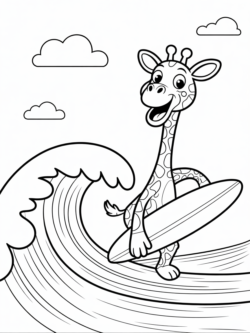 Giraffe surfing on a giant wave - Free Coloring Page