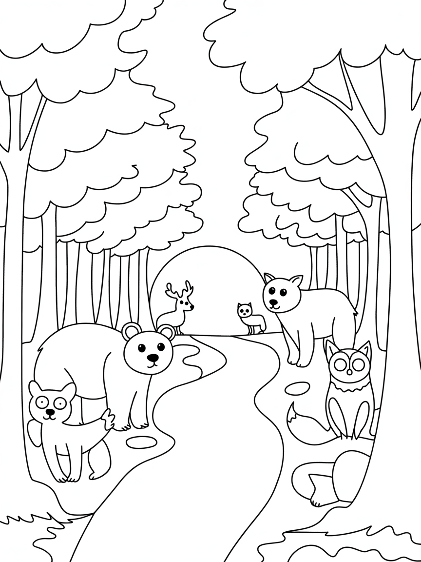 A lush forest at dusk and all the animals are waiting - Free Coloring Page