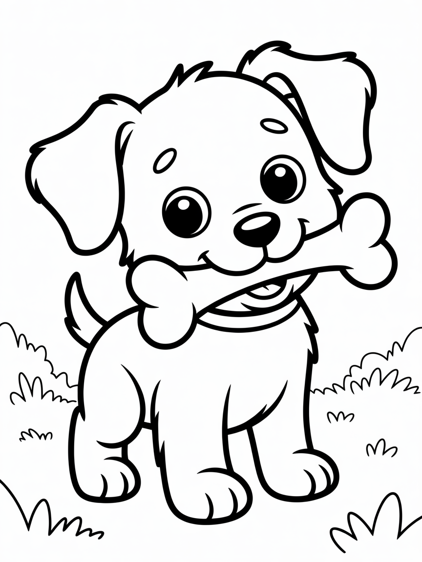 a really cute puppy dog holding a bone in its mouth - Free Coloring Page