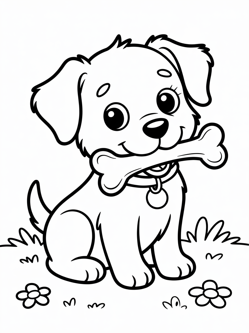a really cute puppy dog holding a bone in its mouth - Free Coloring Page