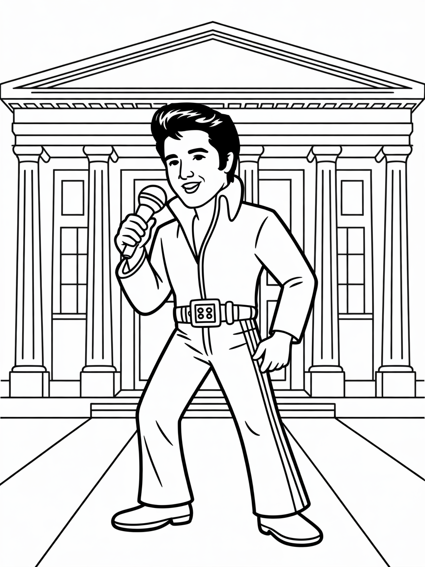 Elvis outside the British museum - Free Coloring Page