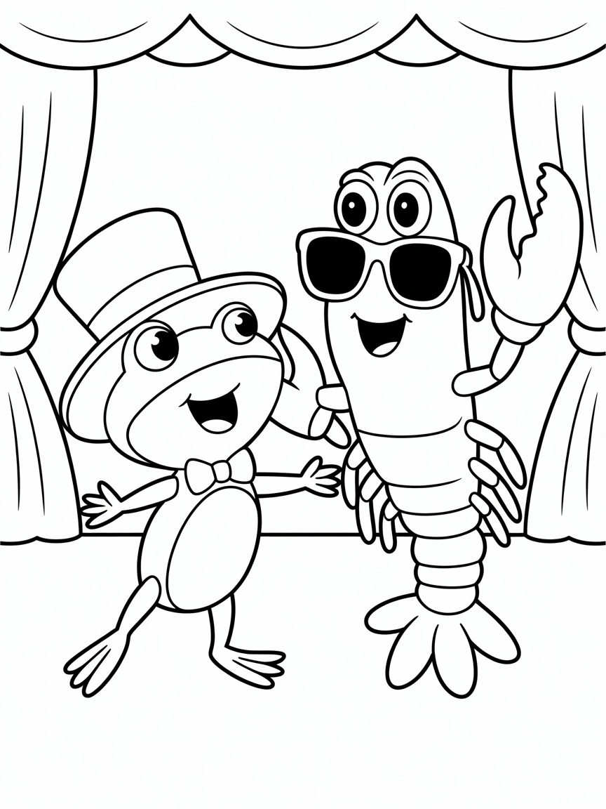 A toad dancing with a lobster - Free Coloring Page