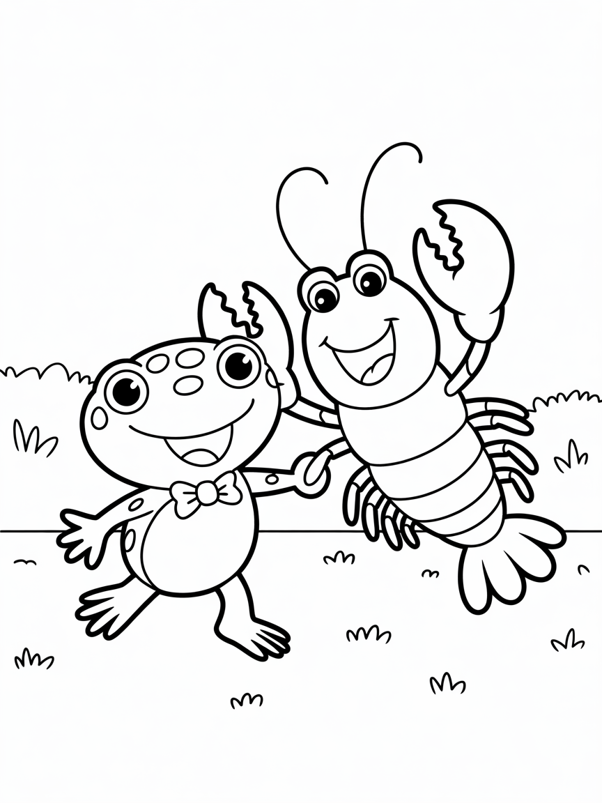 A toad dancing with a lobster - Free Coloring Page