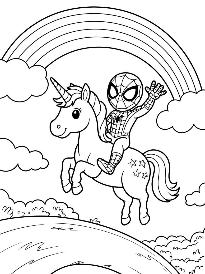 Spiderman riding on a unicorn over a rainbow - Free Coloring Page